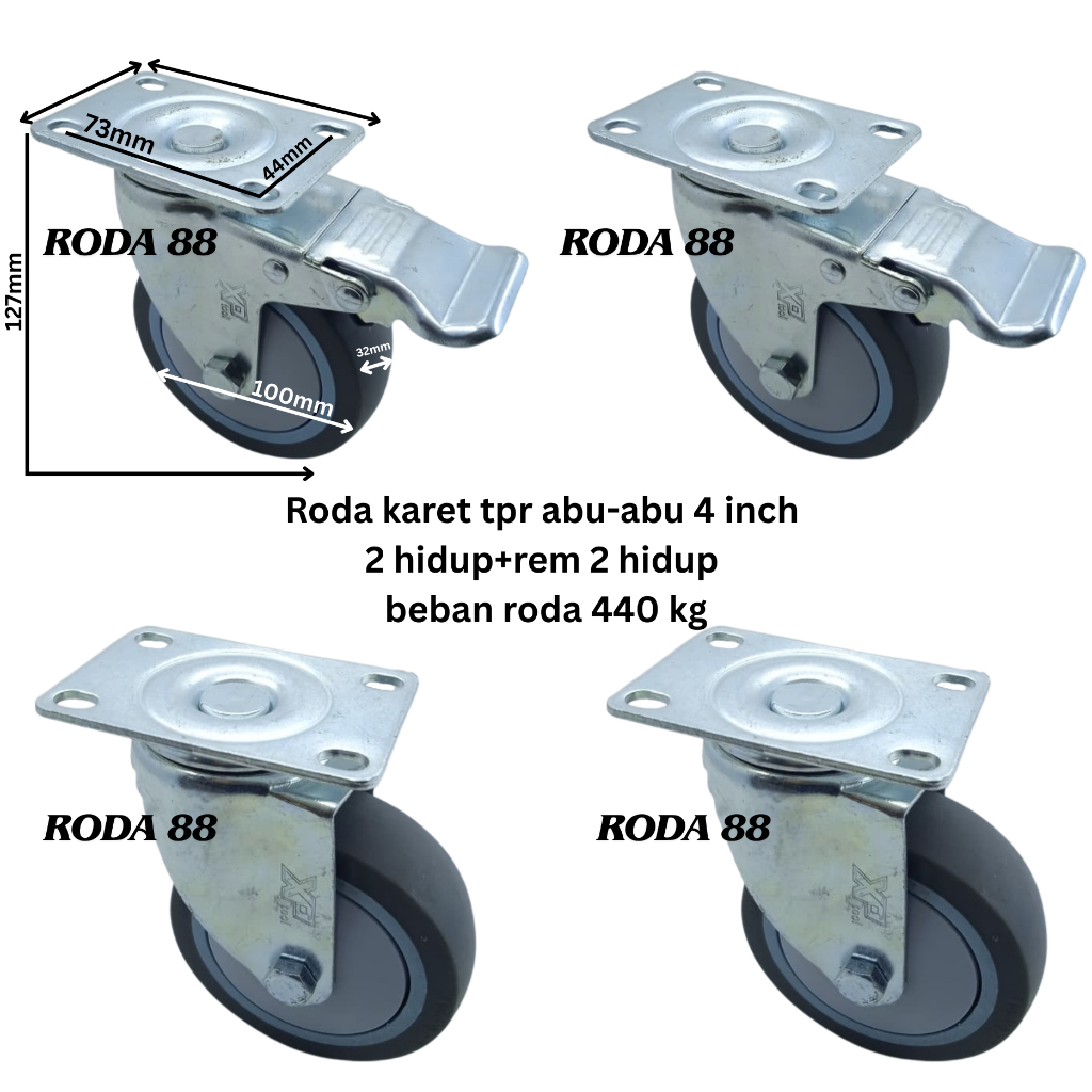 Jual Roda karet TPR 4 inch (2 Hidup+rem & 2 Hidup) Beban roda 440 kg ...