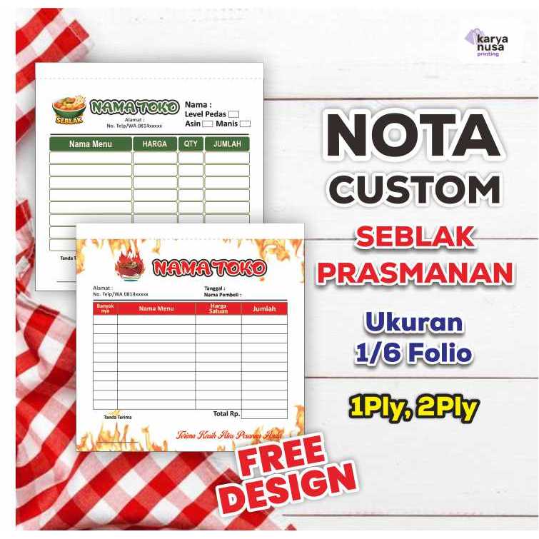 Jual Nota Custom Seblak Prasmanan Ukuran 1/6 F4 isi 50 Lembar - Nota ...