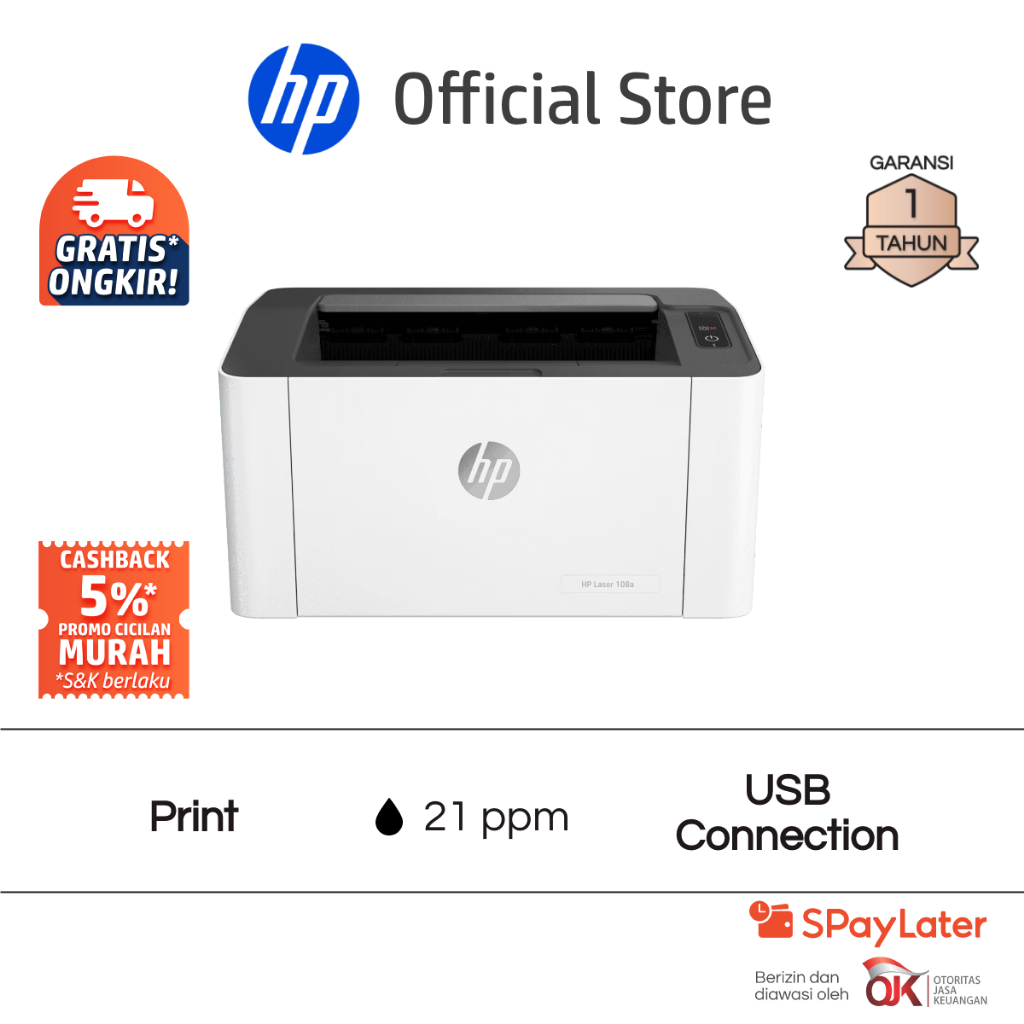 Printer HP Laser 108a / 108w Print Only Wireless Wifi USB Black Hitam Garansi 1 Tahun Promo Murah Gratis Ongkir Official