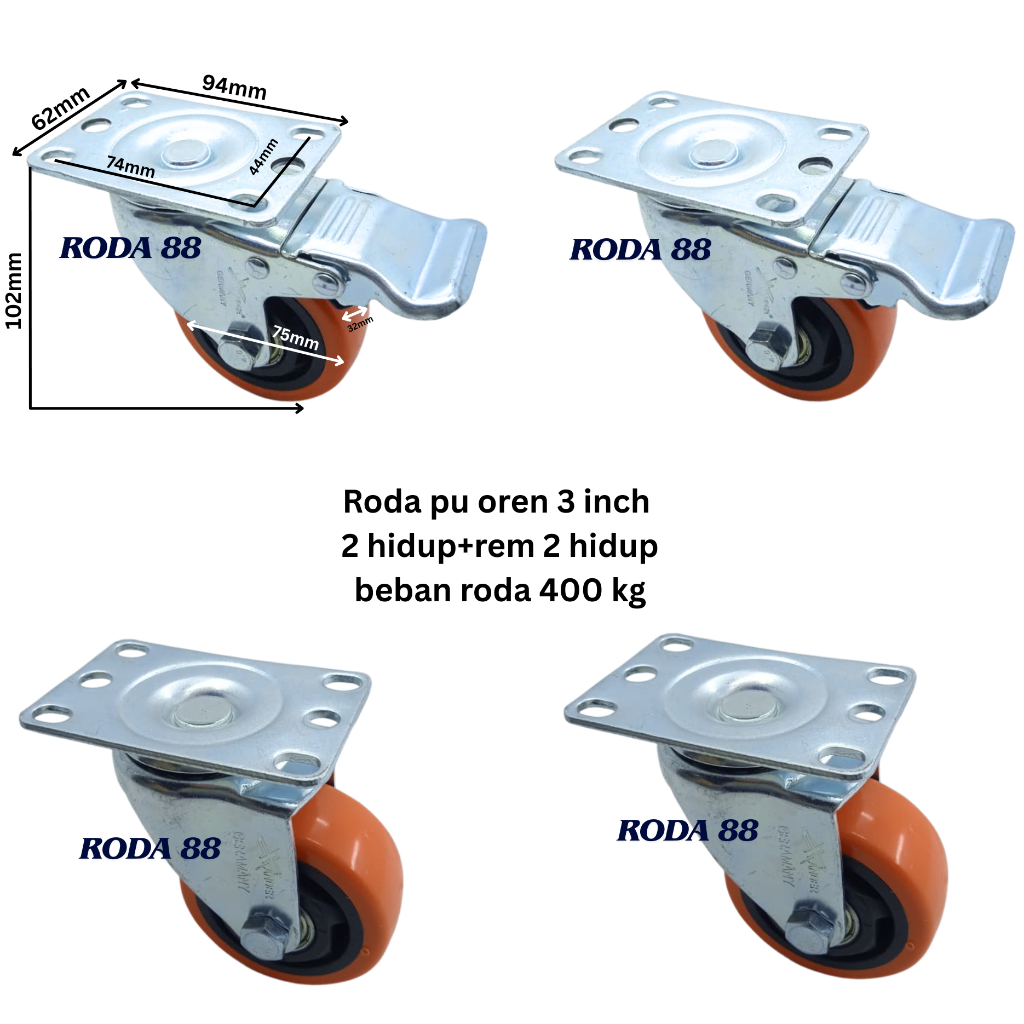 Jual Roda pu Oren 3 inch (2 Hidup+rem & Hidup) Beban roda 400 kg ...
