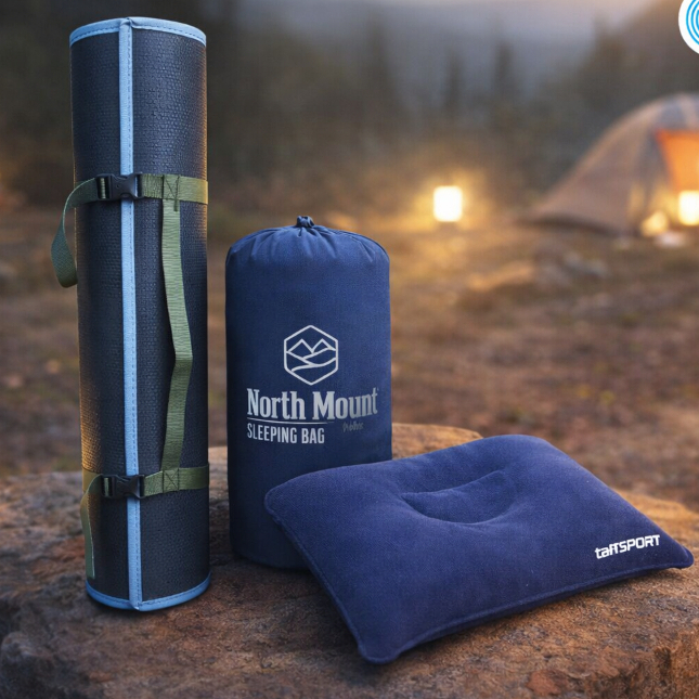 North Mount Perlengkapan Camping 3in1 – Sleeping Bag Polar + Matras Gulung + Bantal Tiup  Outdoor