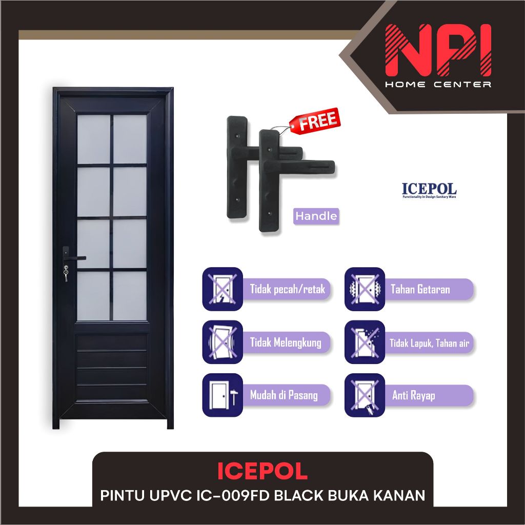 Icepol - Pintu Kamar Mandi / Toilet / WC IC 009 Fd IC009 UPVC Kaca Black Hitam 70x200 Handle Kiri Buka Kanan