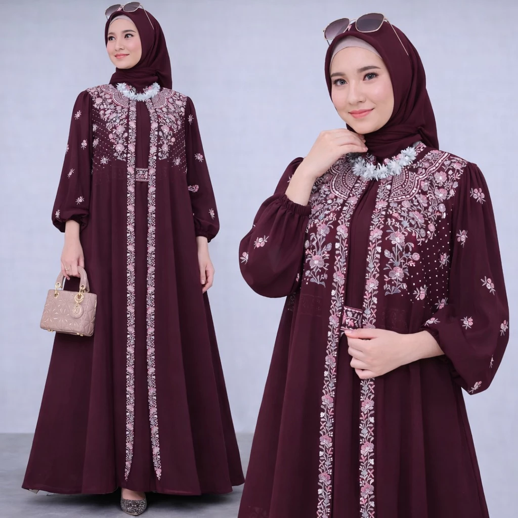 Gamis Muslim Wanita Ceruty Babydoll Mix Bordir Lebaran Kondangan tampilan samping