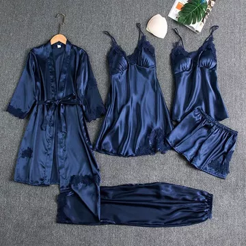 Pajamas Silk 5in1 Seserahan Set Sexy Kimono Renda Baju Tidur Impor 1 Set 5Pcs Satin Premium