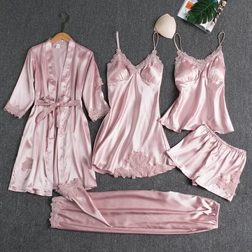 Pajamas Silk 5in1 Seserahan Set Sexy Kimono Renda Baju Tidur Impor 1 Set 5Pcs Satin Premium