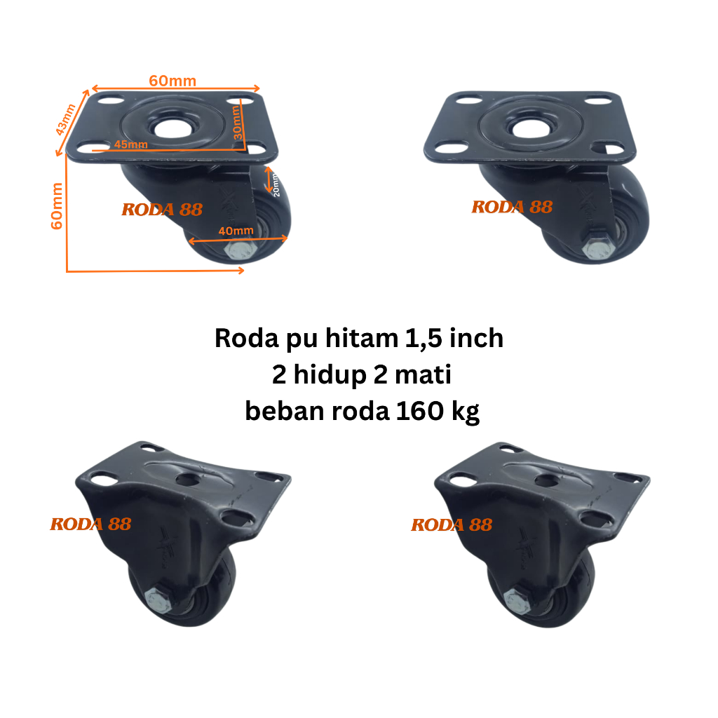 Jual Roda pu hitam 1,5 inch (2 Hidup & 2 Mati) Beban roda 160 kg ...