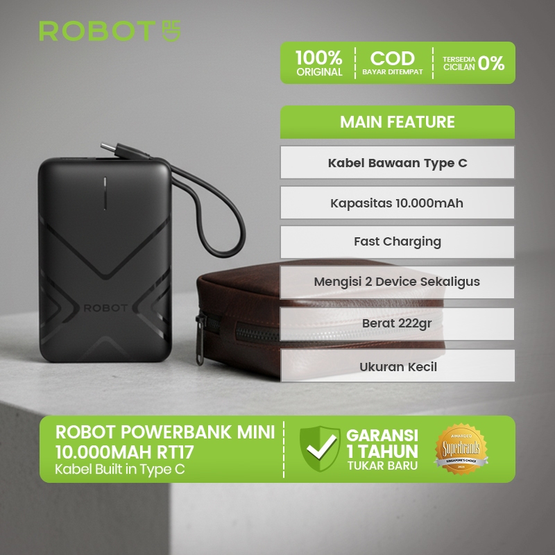 ROBOT Powerbank Mini 10.000mAh Pengisian Cepat Kabel Bawaan Type-C Built in Desain Praktis Dual Port Output Garansi Resmi 1 Tahun - RT17