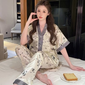 SL6 Setelan Baju Tidur Piyama Wanita Dewasa Satin Premium Lengan Pendek Celana Panjang