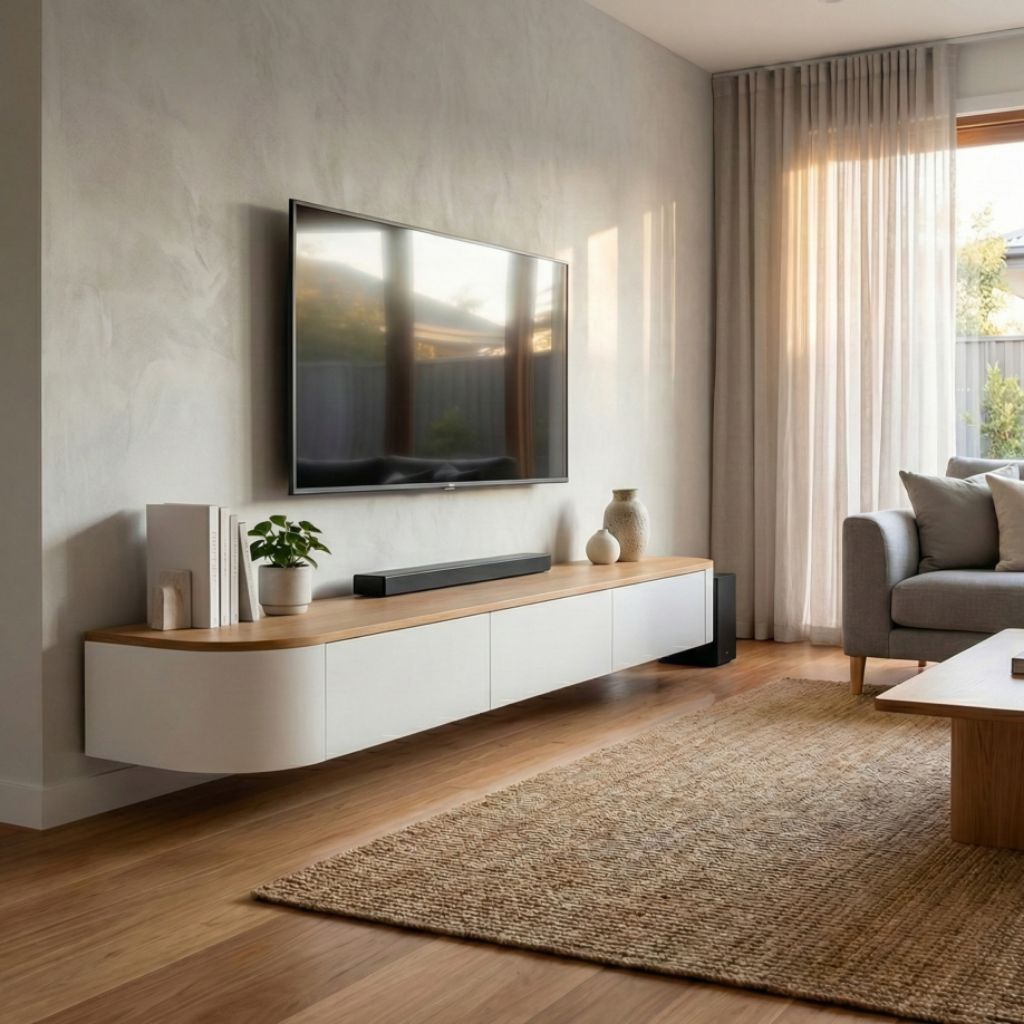 Jual Meja TV Gantung Minimalis Japandi - Rak TV Dinding Sudut Lengkung ...