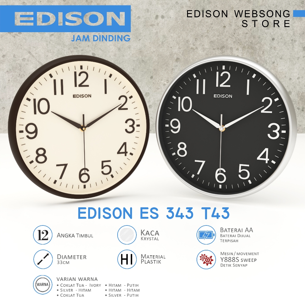 Jual Jam Dinding Edison Sweep ES 343 T43 Timbul Diameter 330mm 33cm ...