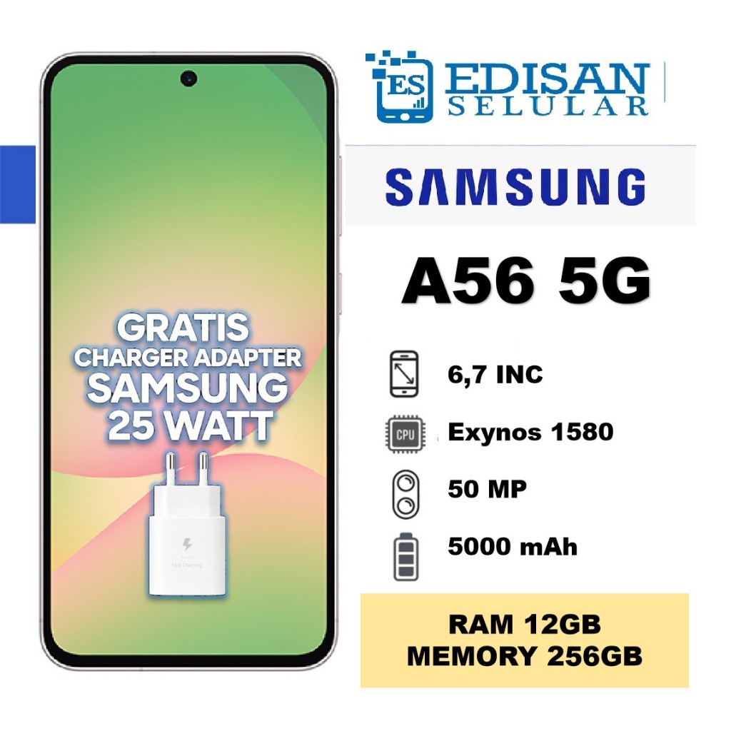 Samsung Galaxy A56 5G 8GB+256GB NFC LCD Super AMOLED Battery 5000 mAh Garansi Resmi 1 Tahun GRATIS CHARGER SAMSUNG 25 WATT