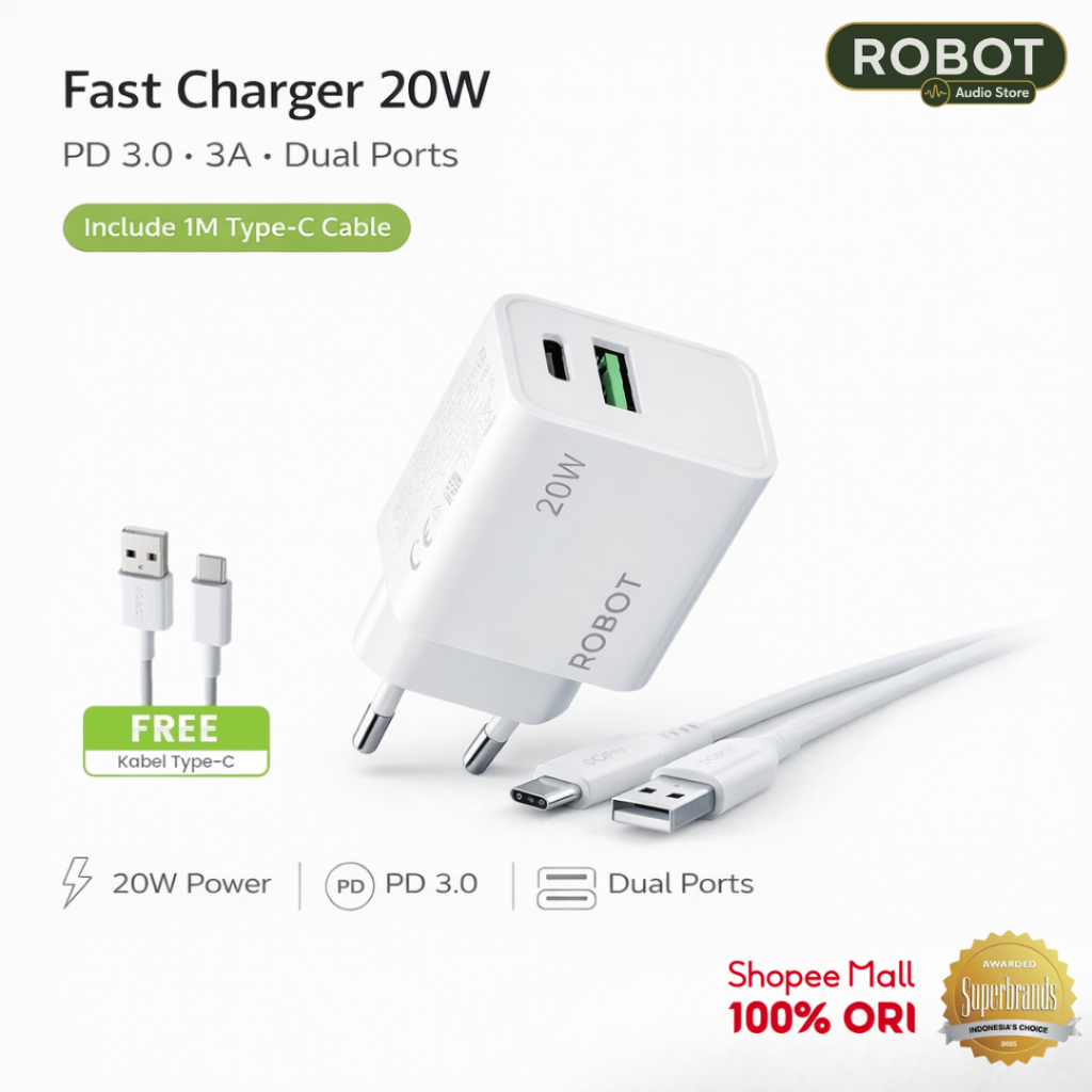 Jual ROBOT Adapter Charger Fast Charging 20W Dual Port USB-A USB-C FREE ...