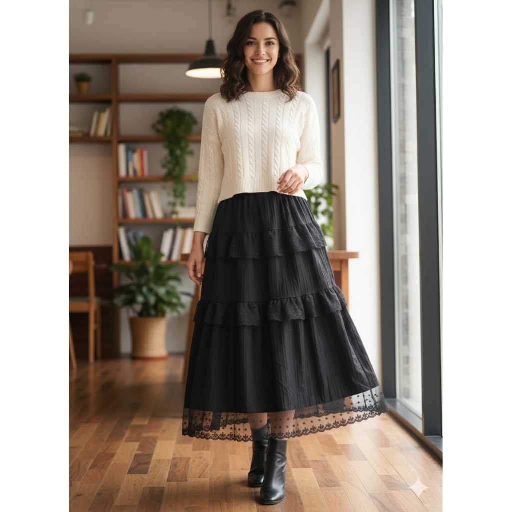 Jual Rok Korean Style Panjang LN Rok Renda 9911 Model Bertingkat Dengan ...