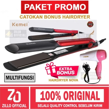 KEMEI Catok Pelurus Rambut BONUS Hairdryer Catok 2 Fungsi Lurus Dan Keriting Curly Zillo