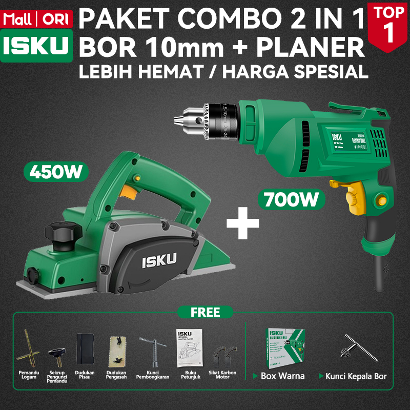 ISKU Paket Combo Woodworking Mesin Serut Kayu Sugu Ketam 450W Bor Listrik 10mm 700W Set Alat Tukang Kayu Motor Tembaga Murni Heavy Duty Anti Jepret Bor Bolak Balik Variable Speed Tahan Panas Perkakas Renovasi Rumah Garansi 1 Tahun