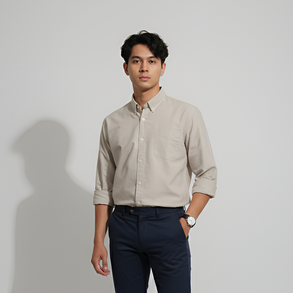 Kemeja Kasual Oxford Cream 100% Cotton S-2XL