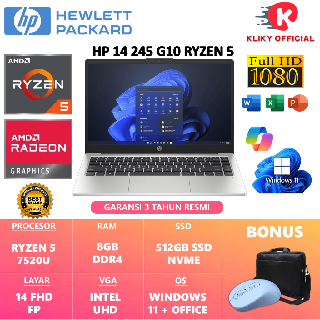 Jual Laptop HP 245 G10 Amd Ryzen 5 7520U 8GB 512GB SSD Layar 14 Inch ...