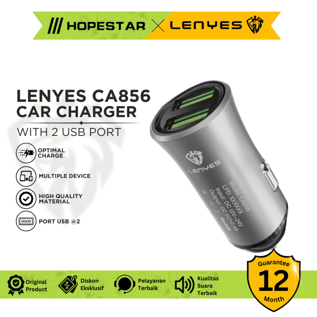 Jual LENYES CA856 2.4a 2 USB Car Charger HP adaptor Mobil casan ...