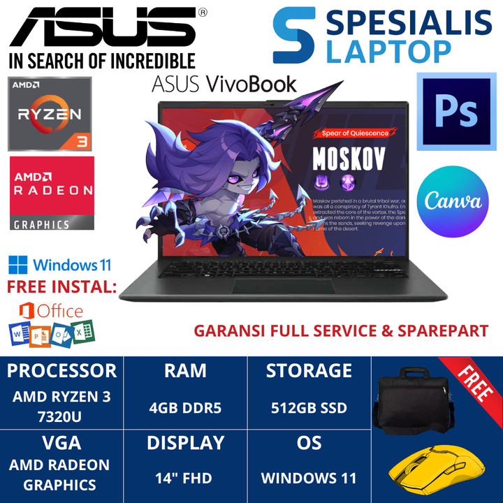 Asus VivoBook E1404FA Amd Ryzen 3 7320U RAM 4GB DDR5 512GB SSD 14 Full HD Window