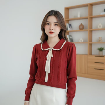 TTEUDA Baju Atasan Wanita Sailor Knit Lengan Panjang Blouse Wanita Sailor Knit Premium Blouse