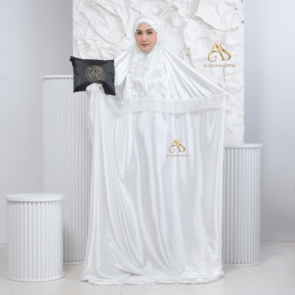 AL AROFAH Mukena Dewasa Renda Mewah Mukena Terusan Tanpa Tangan Sutra Jaguard Mukenah Lajuran Putih Adem