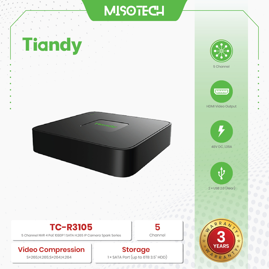 Jual Tiandy TC-R3105 5 Channel NVR 4 PoE 1080P 1 SATA H.265 IP Camera ...