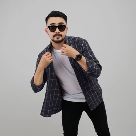 DGM Kemeja Flanel Pria Lengan Panjang Biru Garis Abu Kemeja Pria Flanel Pria Kemeja Panjang 001