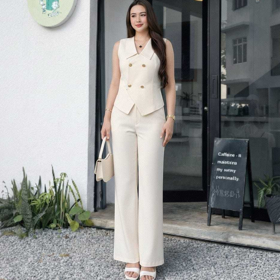Kylie Oneset Vest & Cutbray - Setelan Wanita Pinggang Karet
