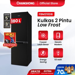 [Limited Offer] Changhong  Kulkas 2 Pintu  (Bottom Mounted Refrigerator) Lemari Es  Kapasitas 180 Liter FBM210DB Black (Low Frost) (Kulkas Fleksibel) (Kombinasi Pendingian Dan Pembekuan) ( Kulkas Temperred Glass)