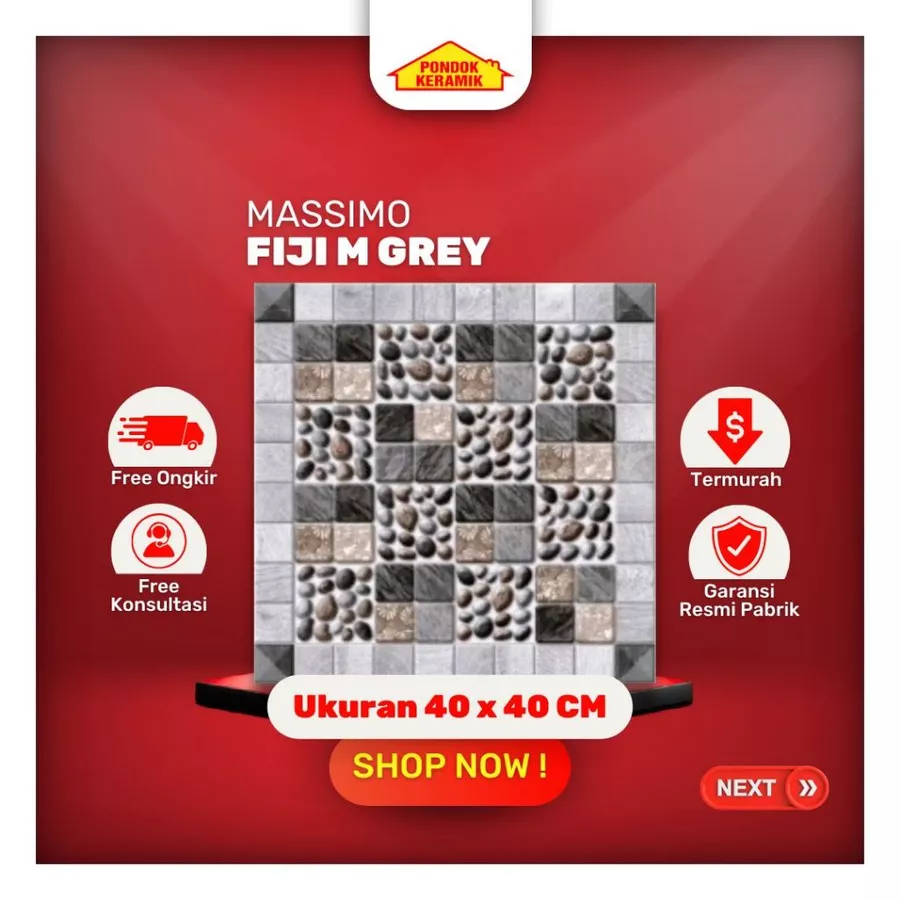 Keramik Lantai Ukuran 40x40 Fiji M Grey Warna Abu Motif Bebatuan Matte Kasar