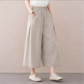 Anoya Celana Kulot Korean Style Bawahan Wanita Dewasa Basic Bahan Linen Rami