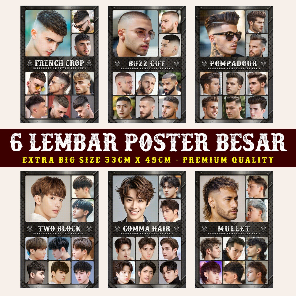 Jual Poster Model Rambut Pria Barbershop dan Pangkas Rambut Paket 6 ...
