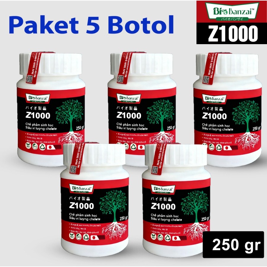 Paket 5 botol Bio banzai Z1000 pupuk organik jepang untuk pertumbuhan akar tunas bunga dan buah tanaman kemasan 250gr