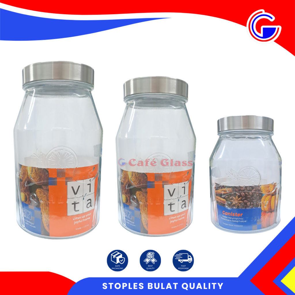 Toples Kue Kering Lebaran - Toples Asinan Tutup Stainless -  Stoples Bulat Quality Vita