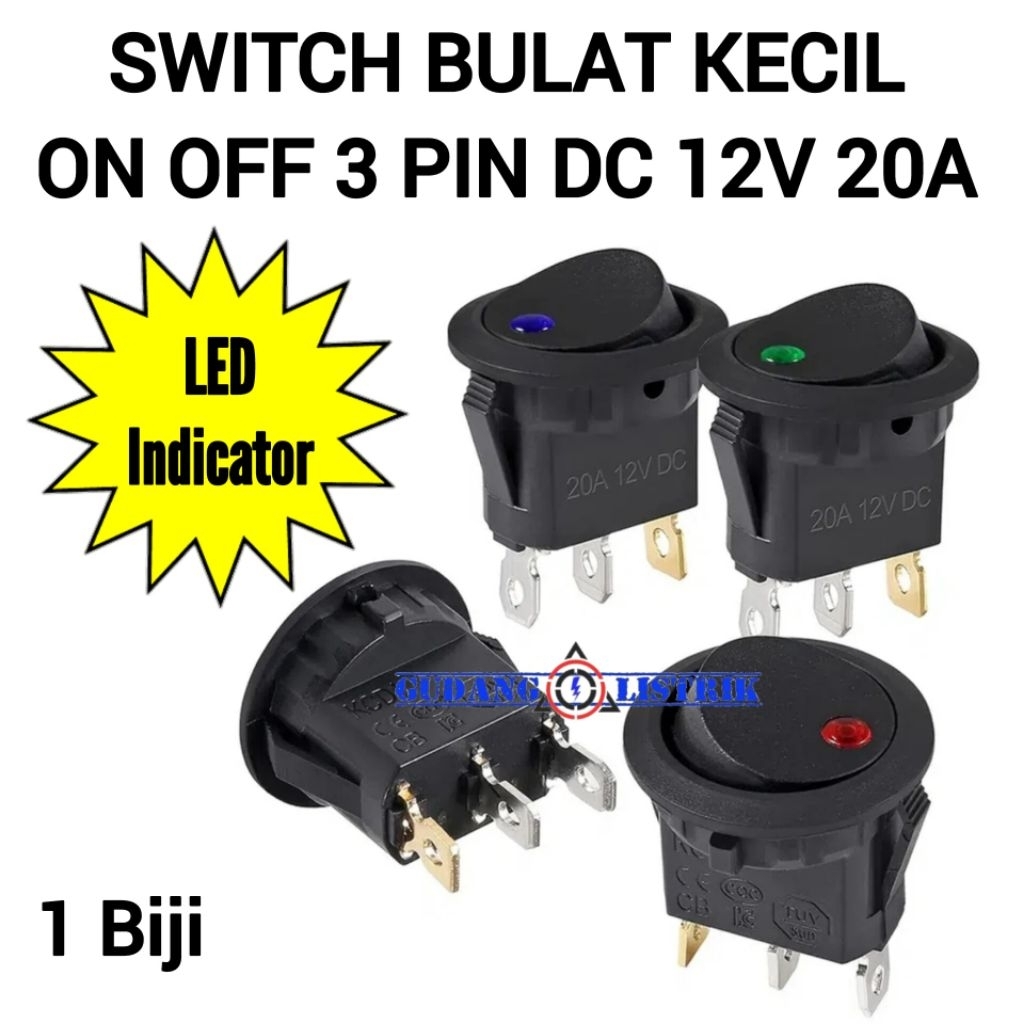 Jual Rocker Switch Saklar Tombol On Off Bulat Bintik Led 20mm 3 Pin DC ...