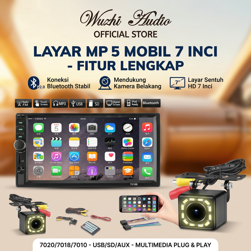 Head Unit Double Din 7 Inch Layar Sentuh Bluetooth MP5 Player Radio Mobil Support Kamera Mundur USB AUX