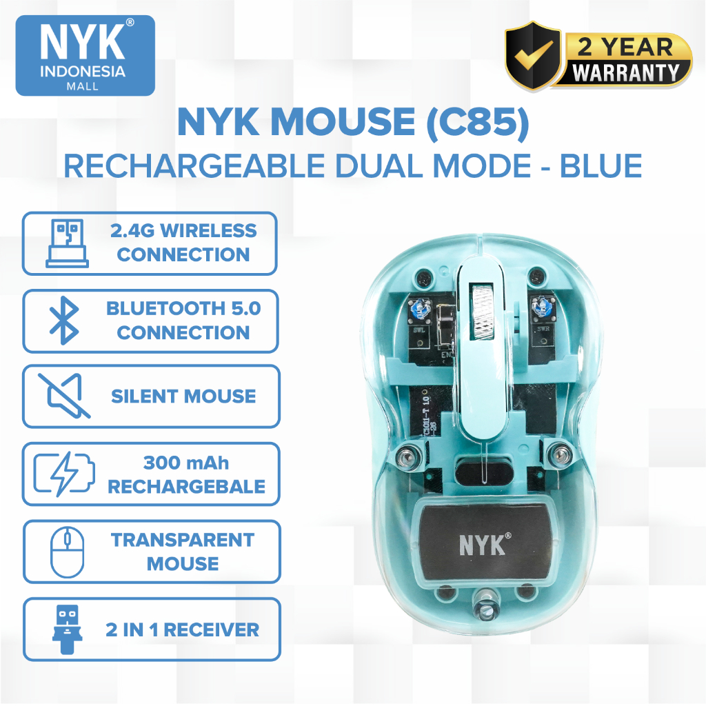 NYK Mouse C85 Dual Mode Rechargeable Wireless Silent Optical Transparan Biru COD