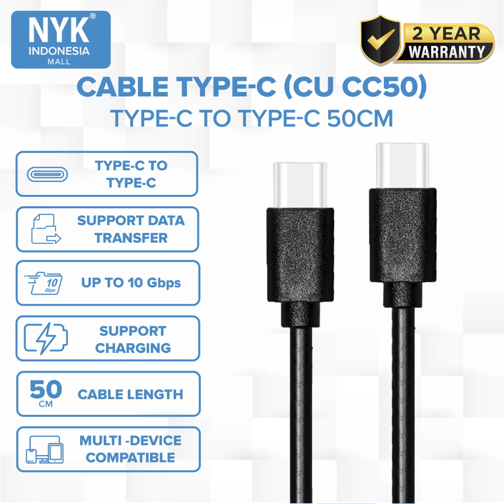 NYK Kabel Type C to Type C Multi Device Support Charging 50 Cm COD