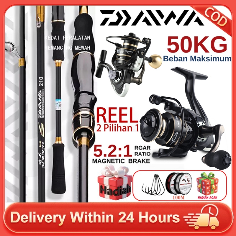 DAIWA Set Pancing Casting Joran Carbon Fiber Max Drag 50kg 1.8m/2.1m/2.4m 2 Bagian Spinning Baitcasting Fishing Combo Lengkap