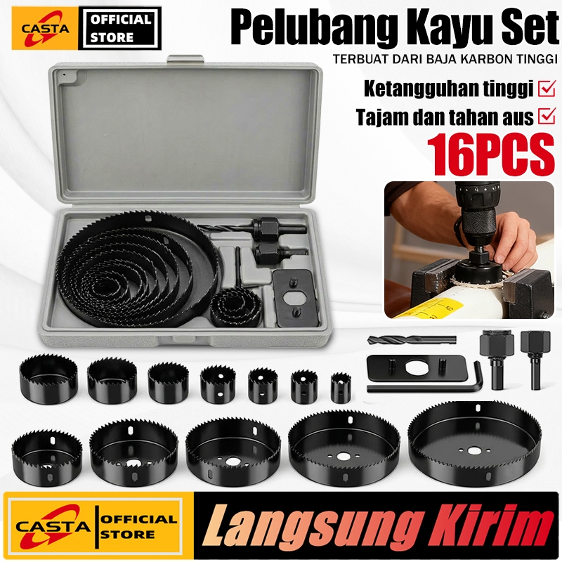CASTA Mata Bor Hole Saw Set 16 Pcs Pelubang Kayu PVC Paralon Hidroponik Material Carbon Steel High Quality Kit 12 Ukuran 19-127mm untuk Papan Gypsum Plastik Drywall Furnitur Lemari Alat Pertukangan Bengkel Kayu Lengkap Kotak Penyimpanan