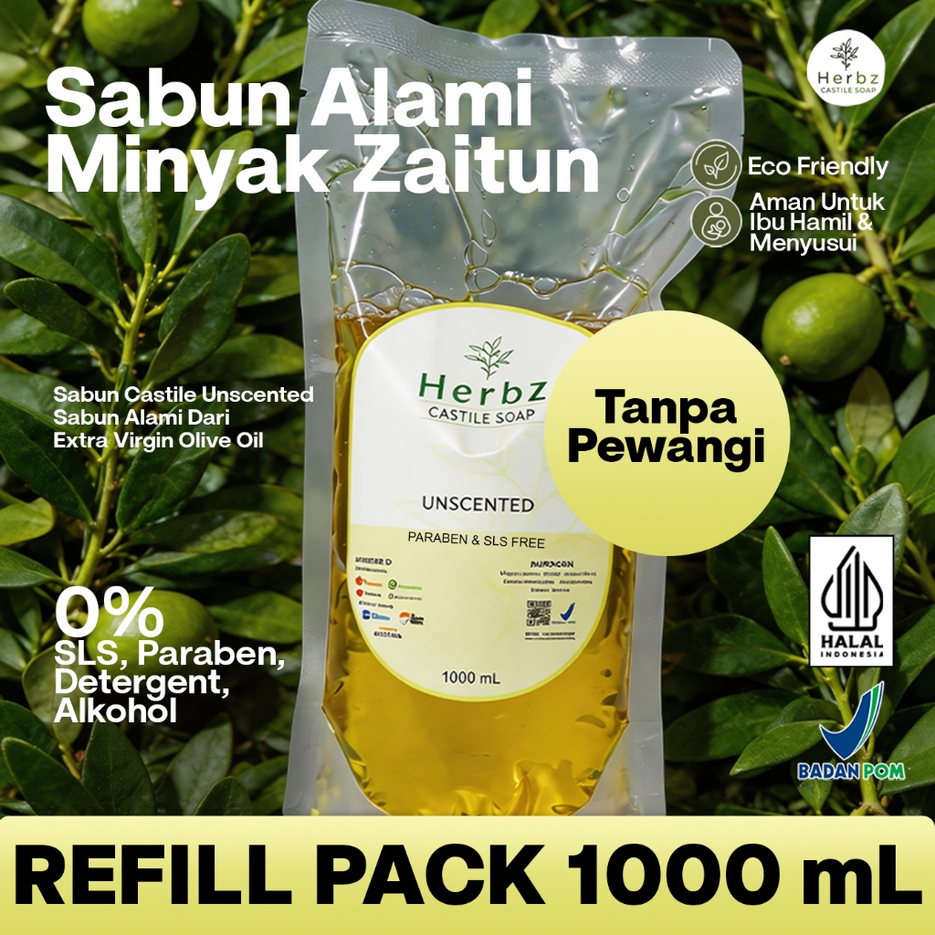 REFILL UNSCENTED 500ml Sabun Castile HERBZ