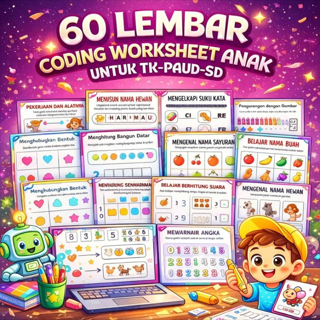 Jual Paket Belajar 60 Lembar Coding Worksheet Anak PAUD-TK-SD | Shopee ...