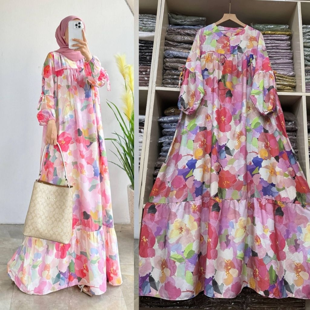 Gamis Arsyila Lengan Balon Rayon Premium Smok - foto 5