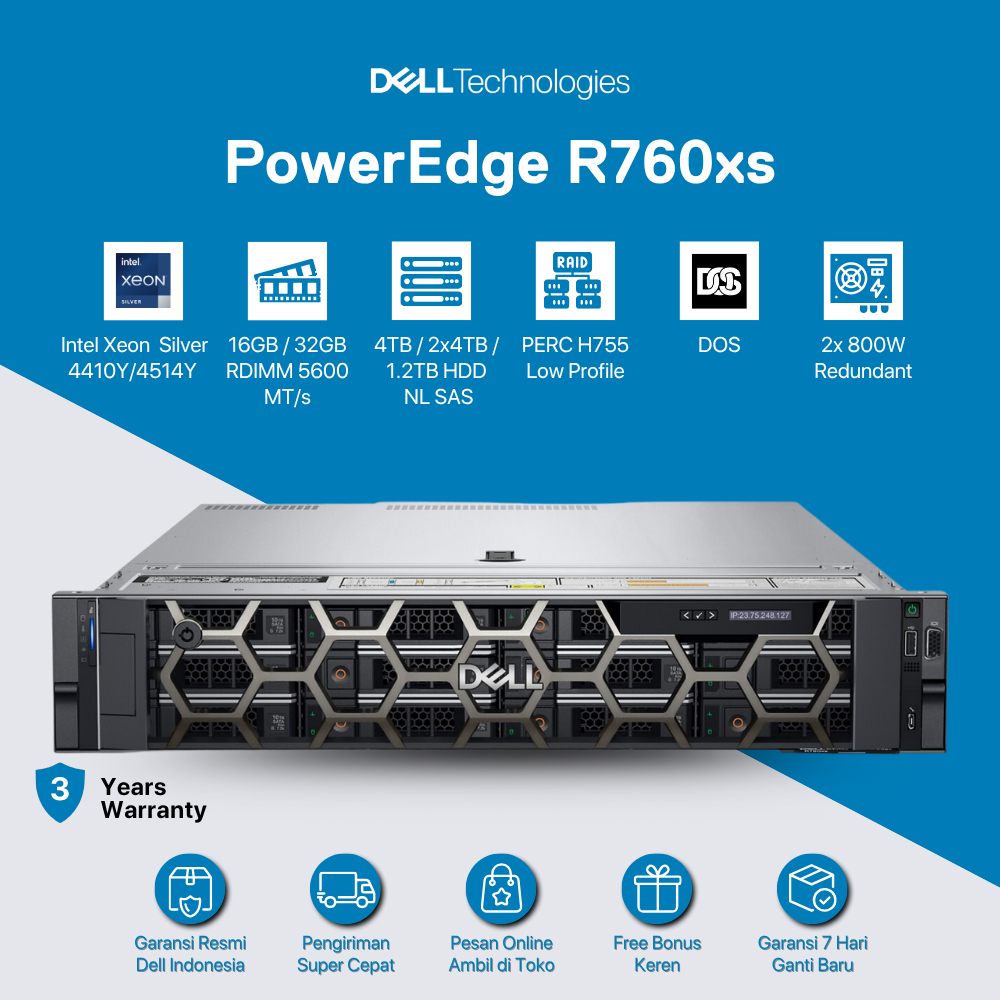 Jual Dell PowerEdge R760xs Server [Intel Xeon SIlver 4514Y-32GB-2x4TB ...