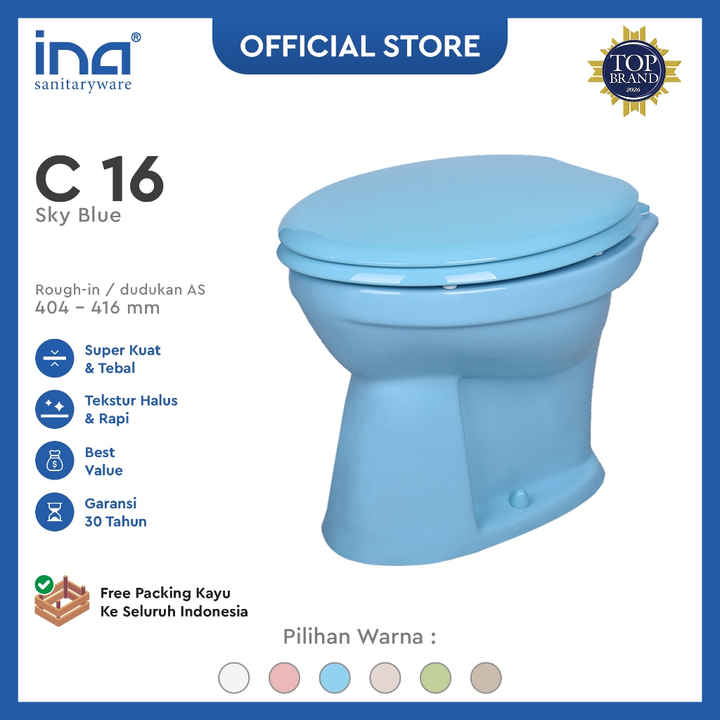 Kloset Duduk Tanpa Tangki Sky Blue INA C-16 Siram | Toilet Duduk