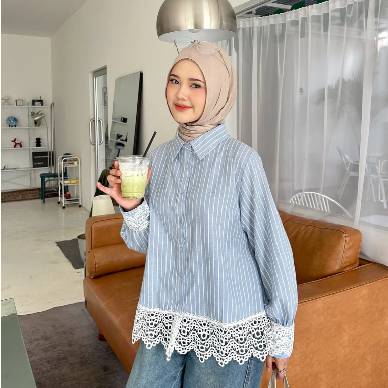 Mayoutfit Eiris Shirt | Atasan Kemeja Salur Variasi Bordir