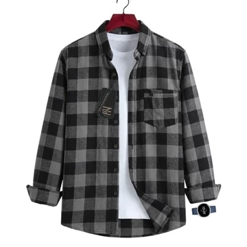 Kemeja Flanel Pria Lengan Panjang Kualitas Premium Motif Garis Abu