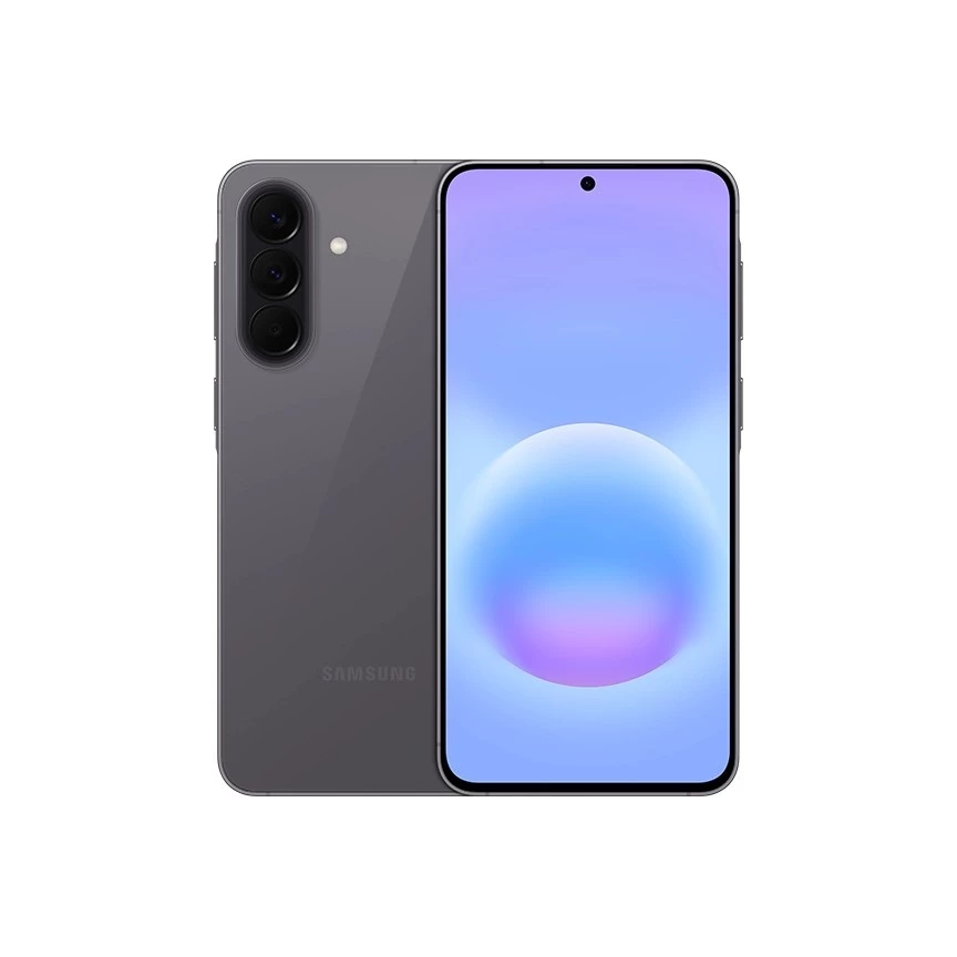 Samsung Galaxy A57 5G tampak depan dengan layar Super AMOLED dan tampak belakang dengan modul kamera vertikal