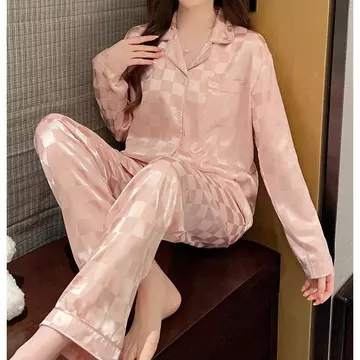 Setelan Lengan Panjang Kotak Satin Premium Piyama Wanita