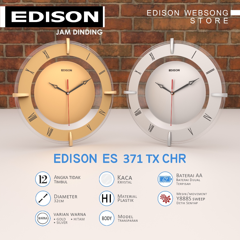 Jual Jam Dinding Edison Sweep ES 371 TX CHR Chrome Diameter 320mm 32cm ...